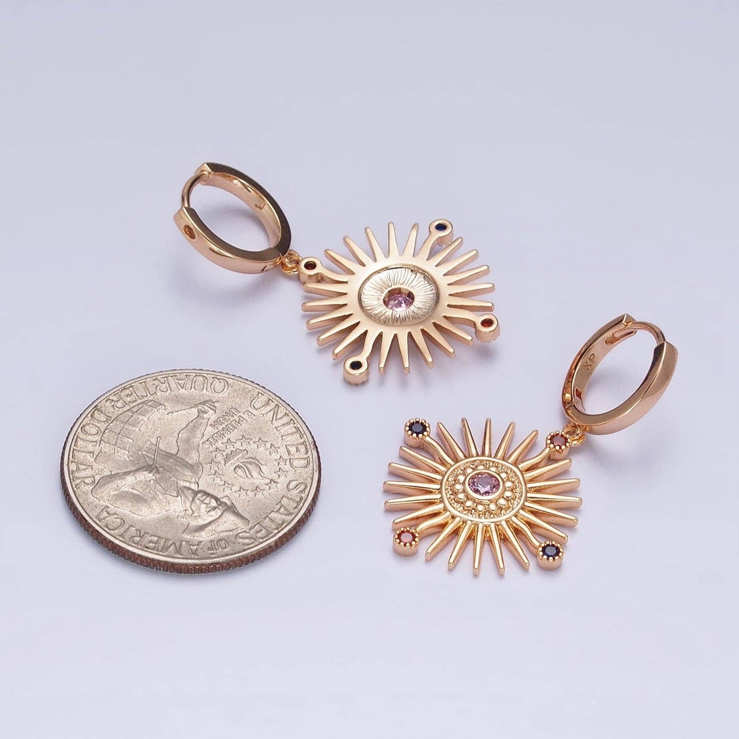 Celestial Sun Beam Multicolor Round CZ Drop Huggie Earrings