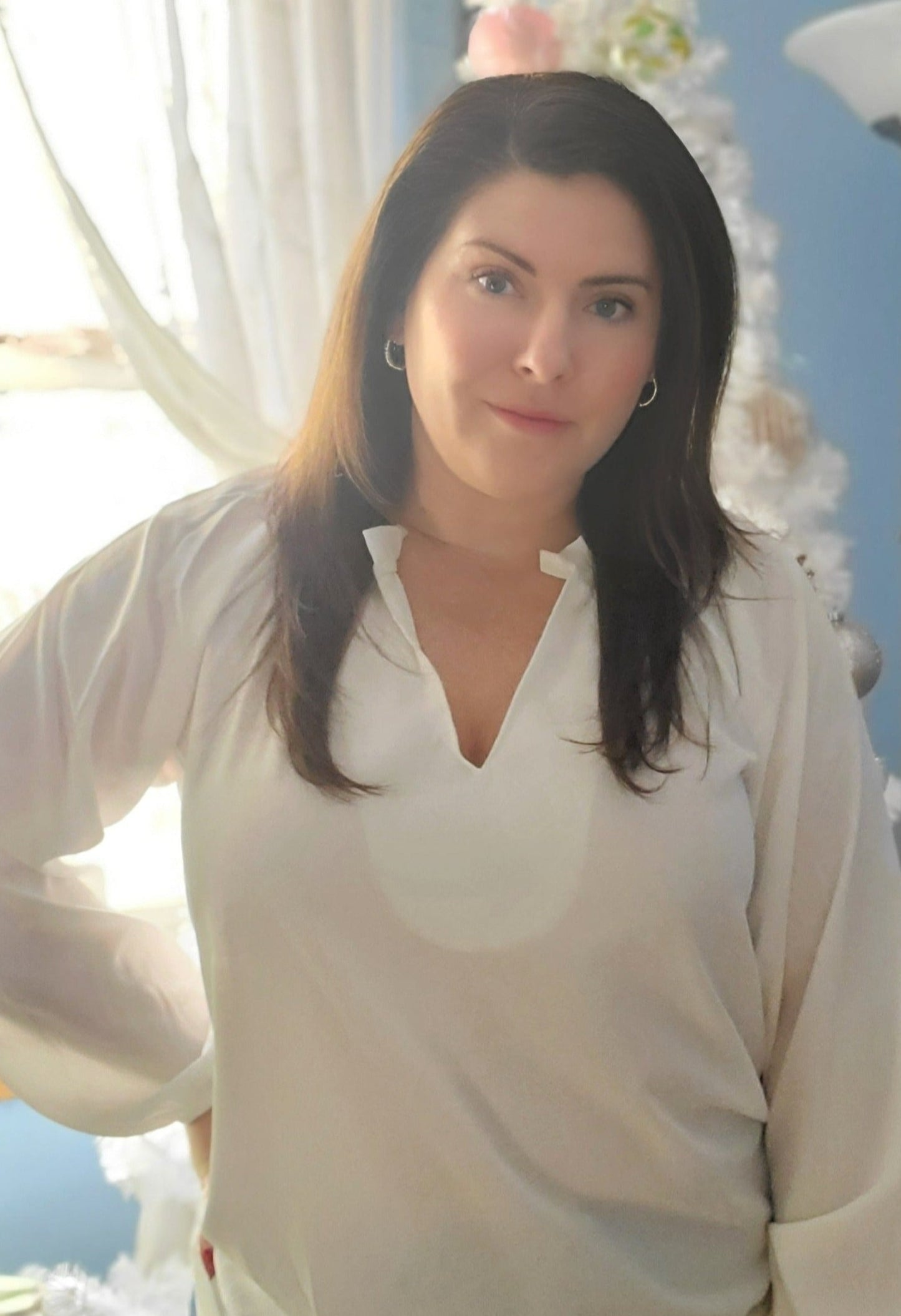 Notched Neck Long Sleeve Blouse