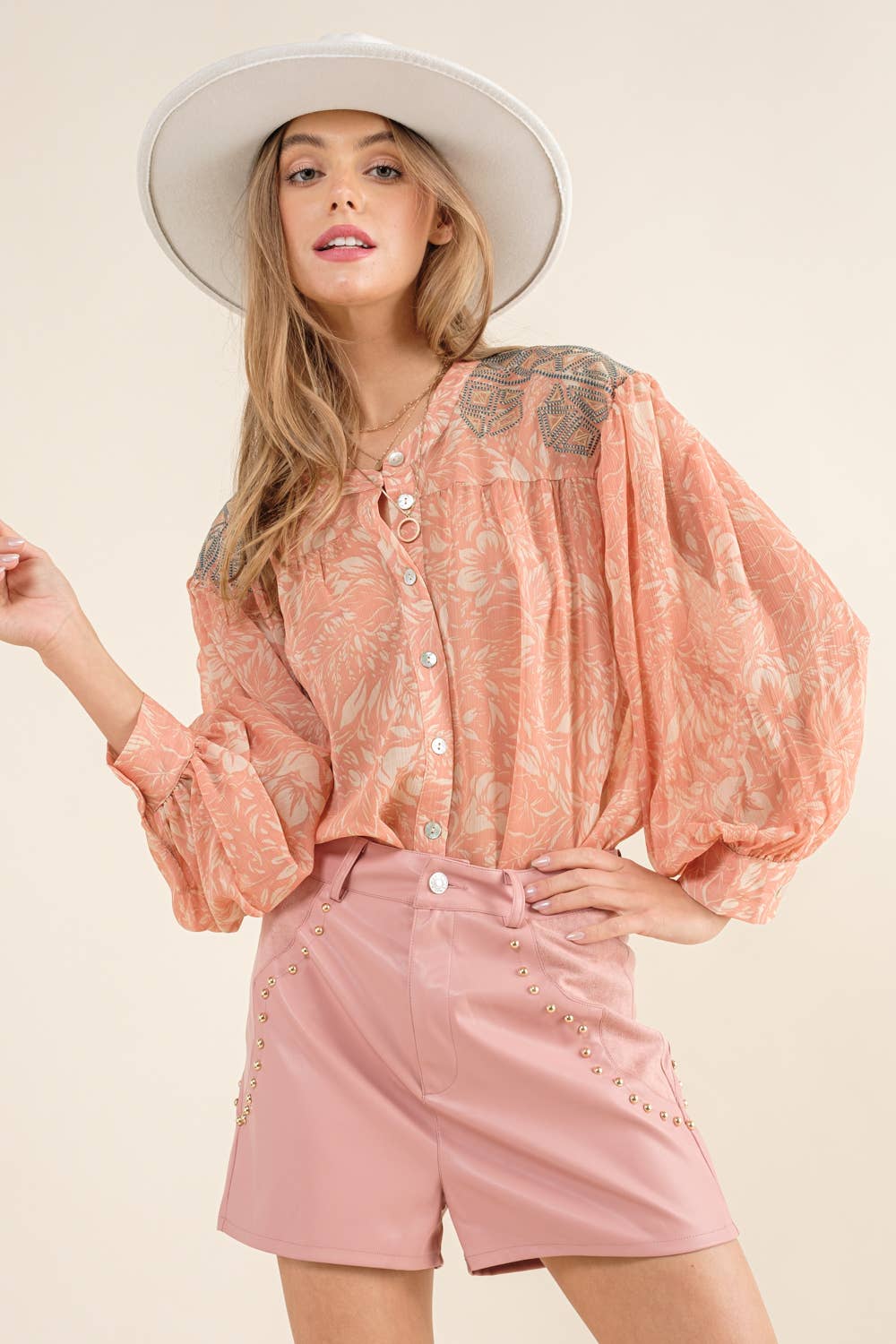 Chiffon Floral Embroidered Shoulder Blouse