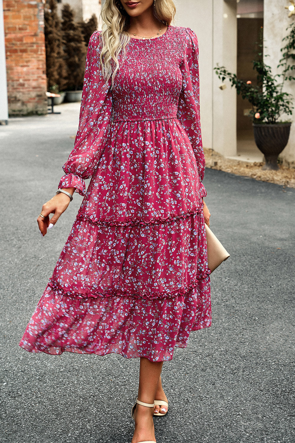 flounce sleeve midi dress Flounce Sleeve Ruched Bust Chiffon Jacquard Midi Dress, Pink / XS
