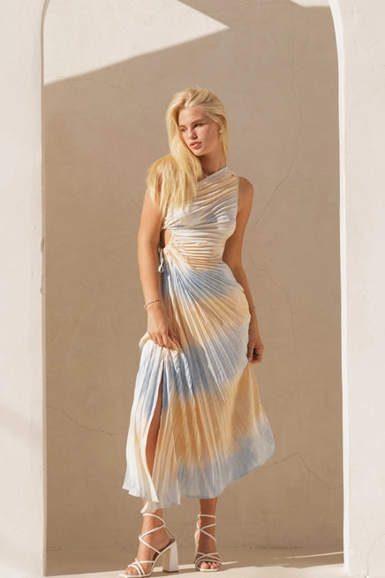 One Shoulder Pleated Dress-Blue