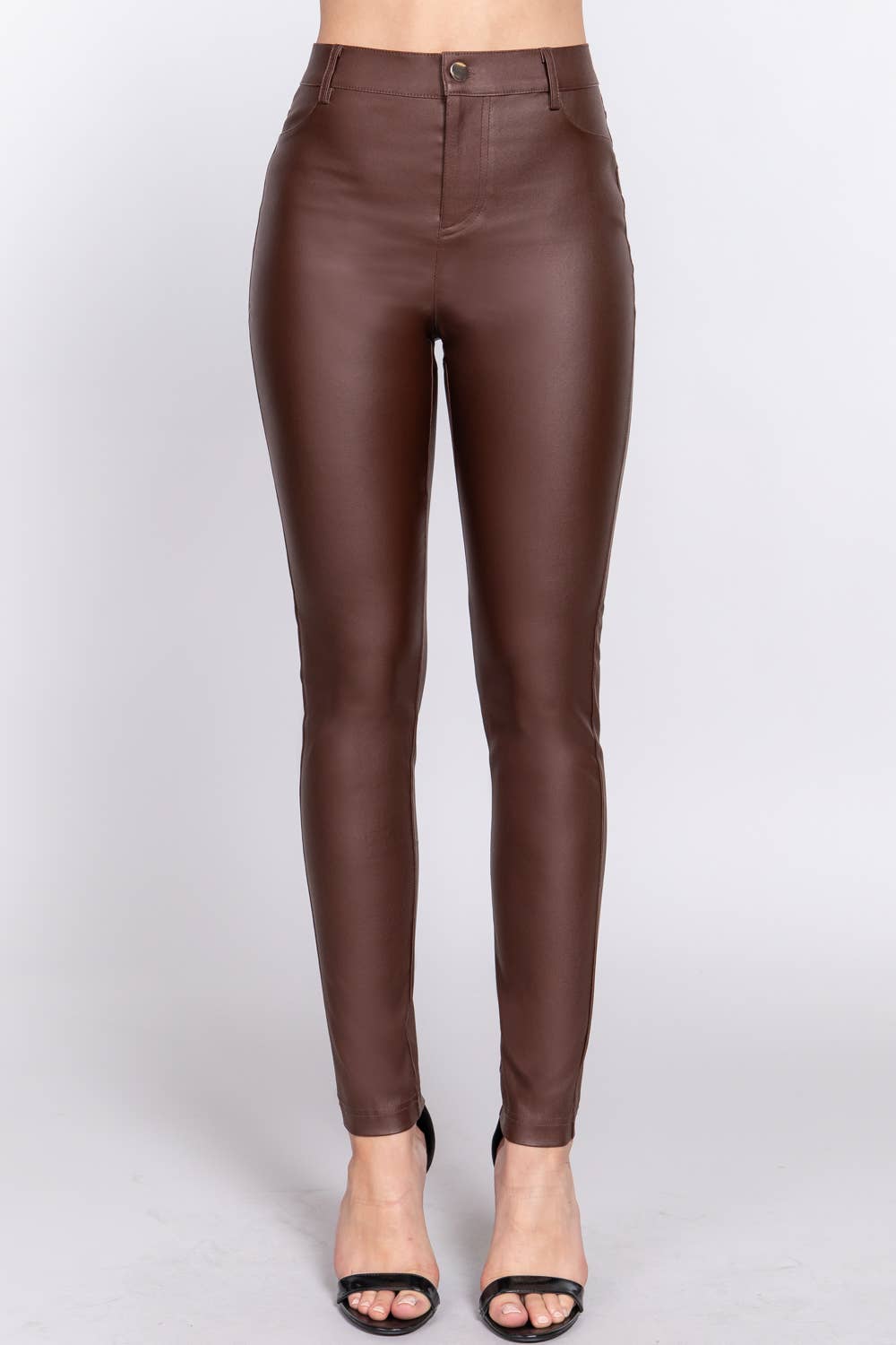 Faux Leather Coated Long Pants in Chocolate