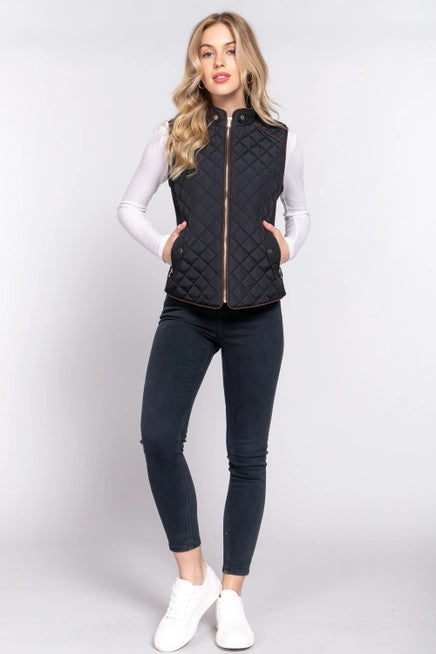 Suede Piping Detail Quilted Vest