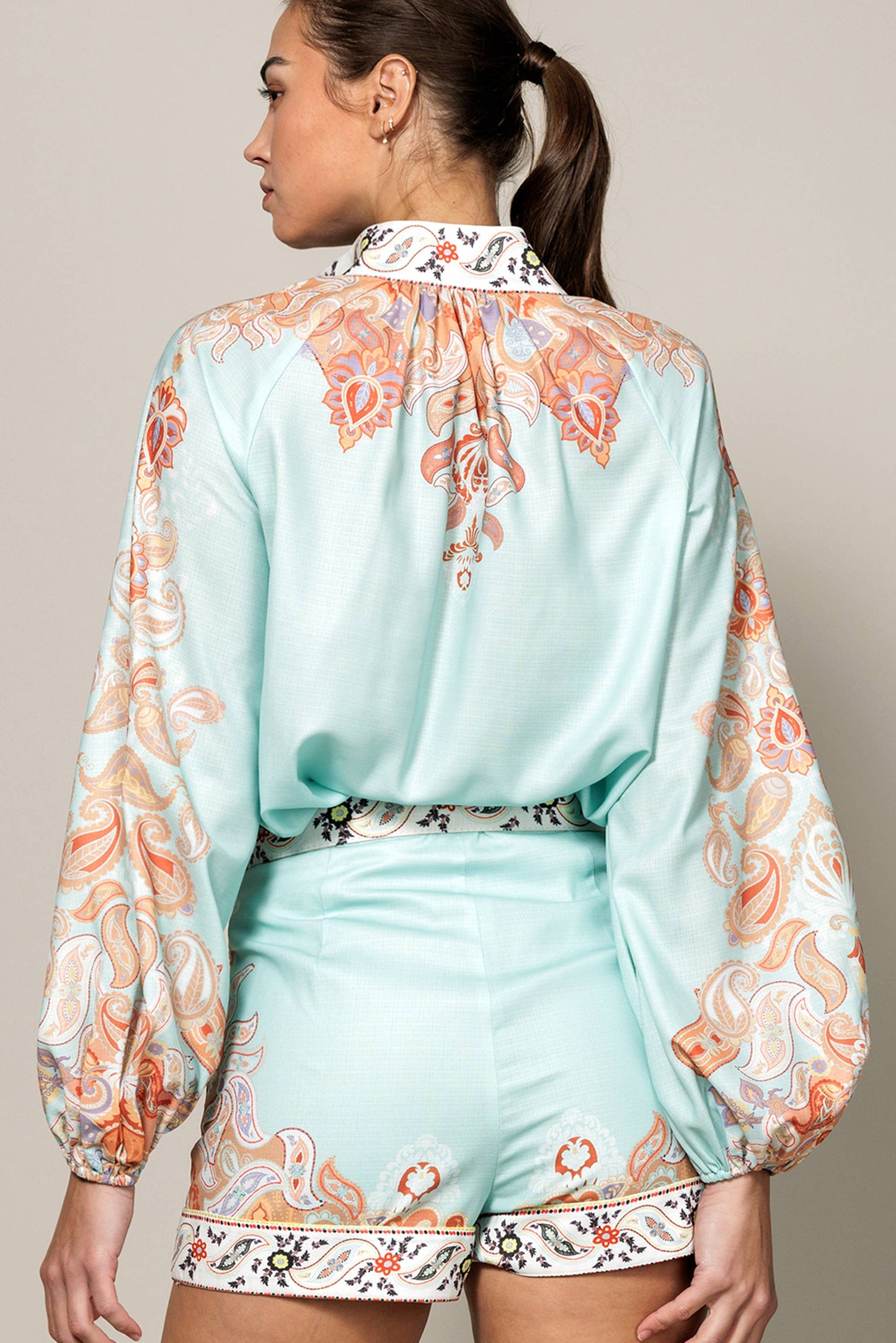 Long Sleeve Button Down Paisley Boarder Print Blouse