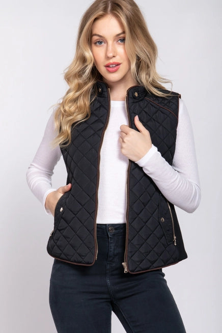Suede Piping Detail Quilted Vest