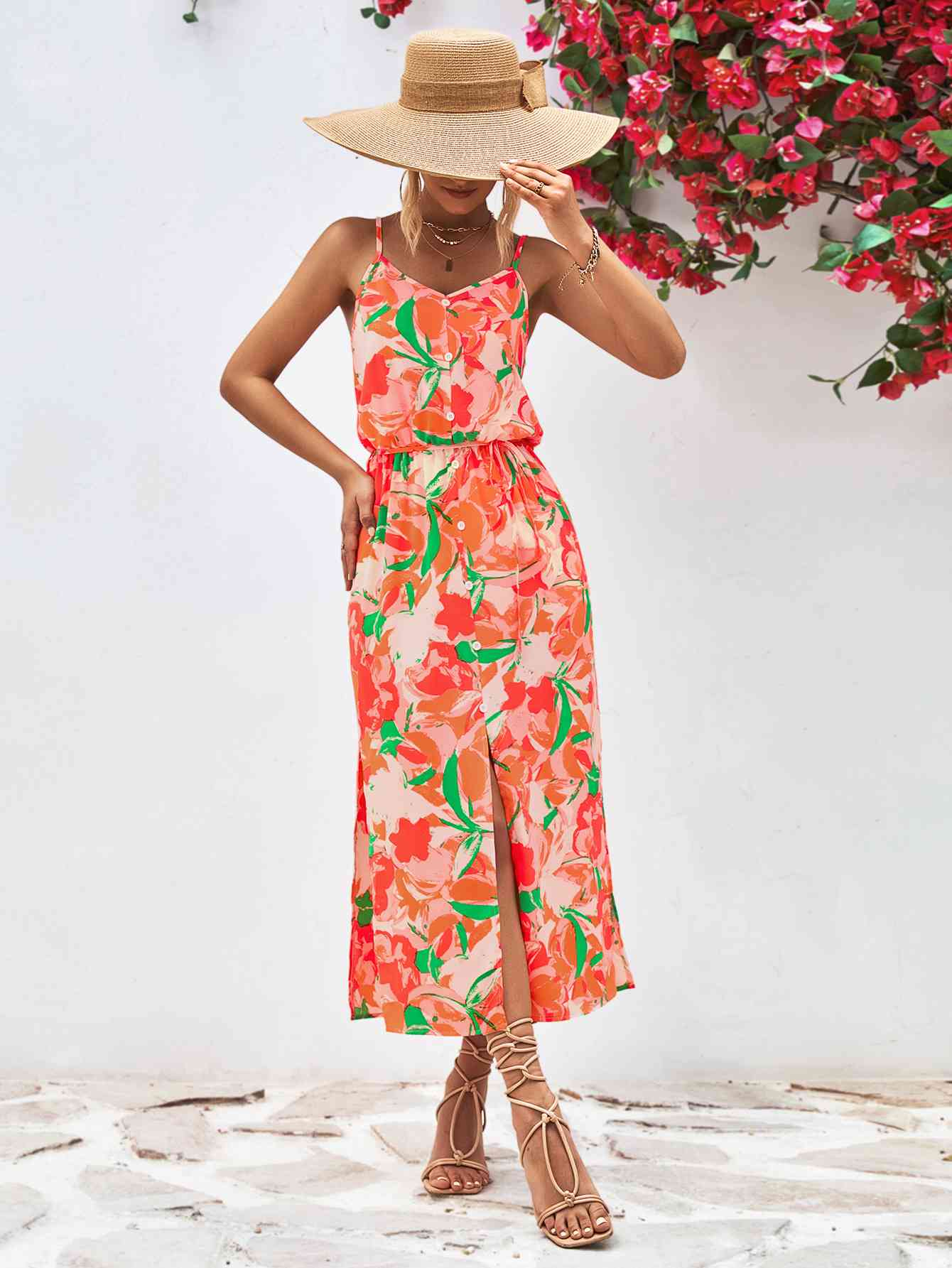 Tropical Spaghetti Strap Front Slit Dress