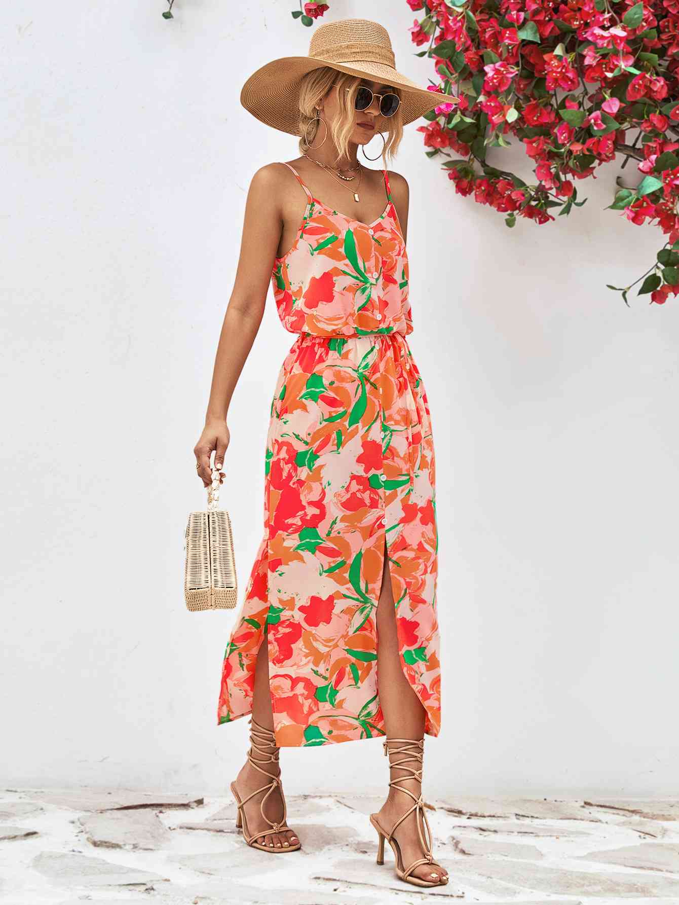 Tropical Spaghetti Strap Front Slit Dress
