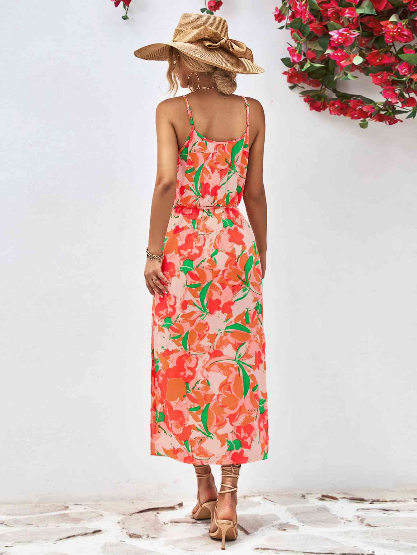 Tropical Spaghetti Strap Front Slit Dress