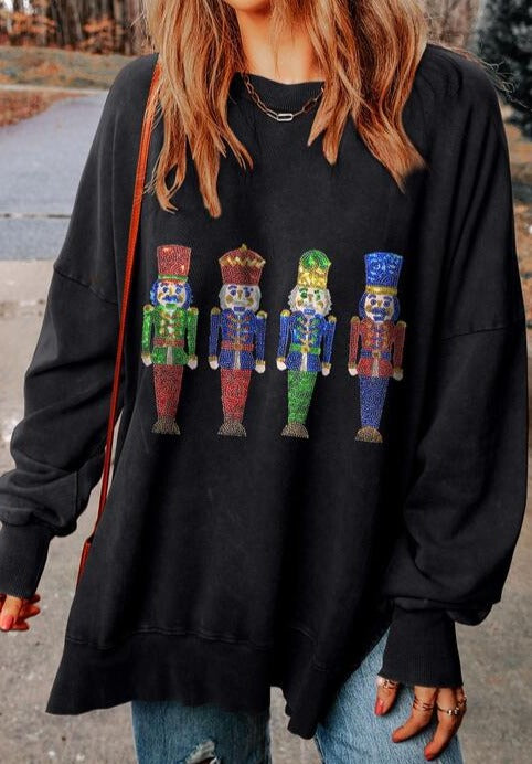 Sequin Nutcracker Long Sleeve Slit Sweatshirt