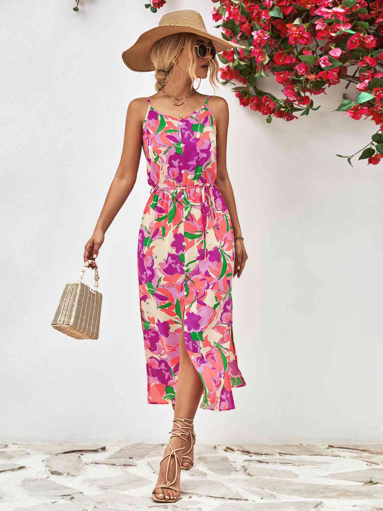 Tropical Spaghetti Strap Front Slit Dress