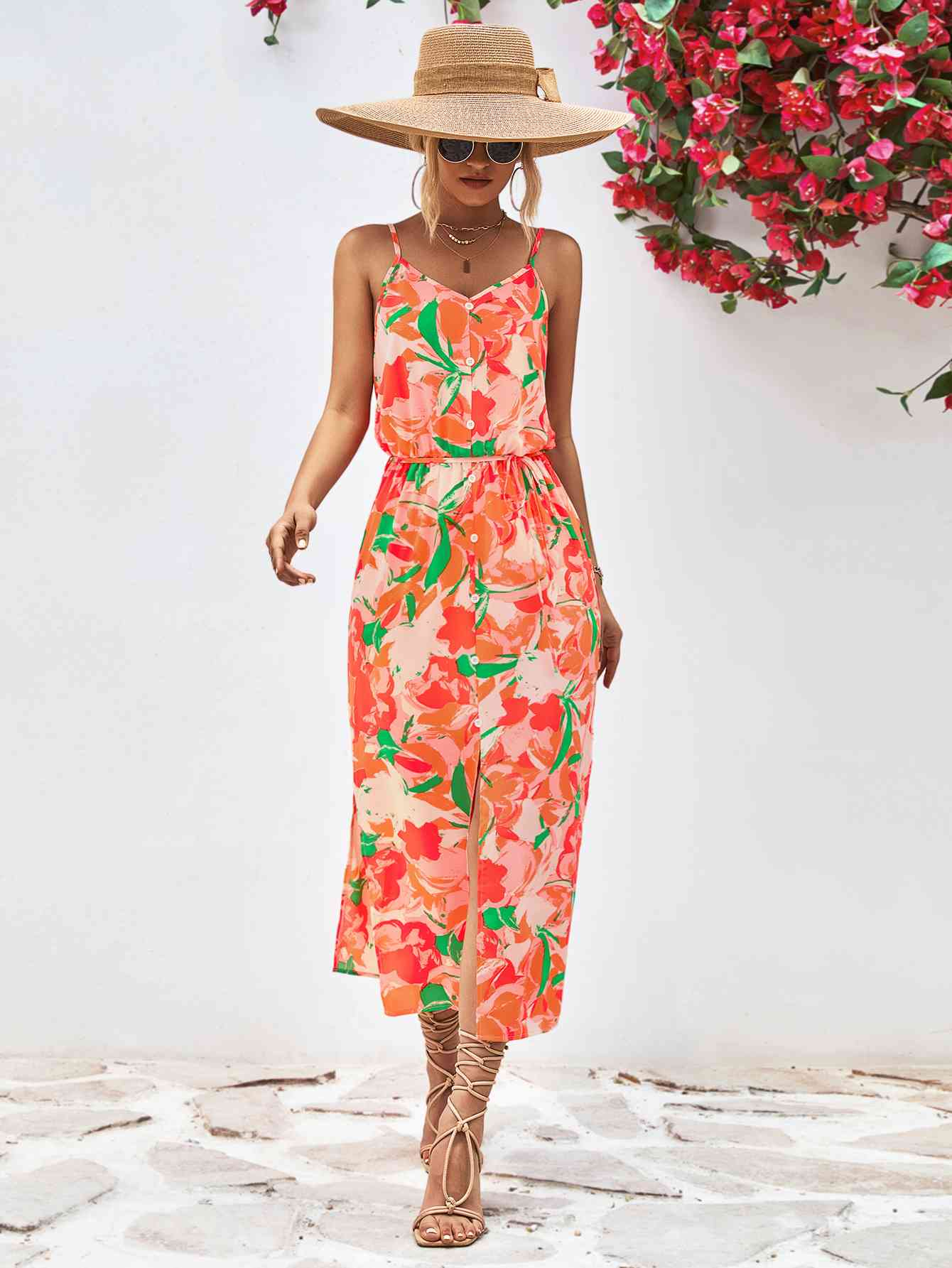Tropical Spaghetti Strap Front Slit Dress