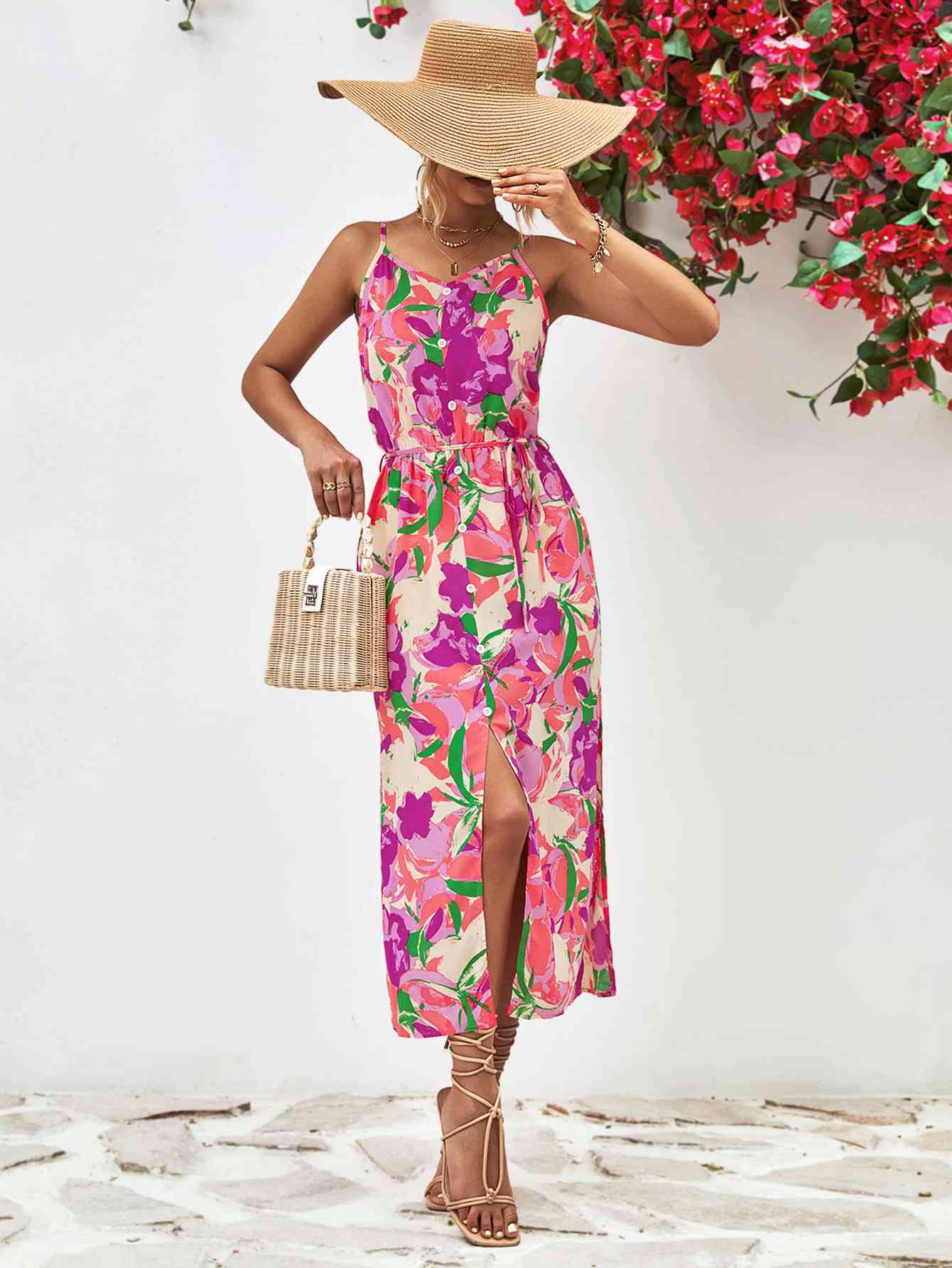 Tropical Spaghetti Strap Front Slit Dress