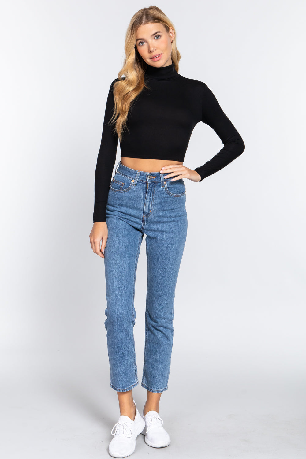 Long Sleeve Turtle Neck Rib Crop Knit Top