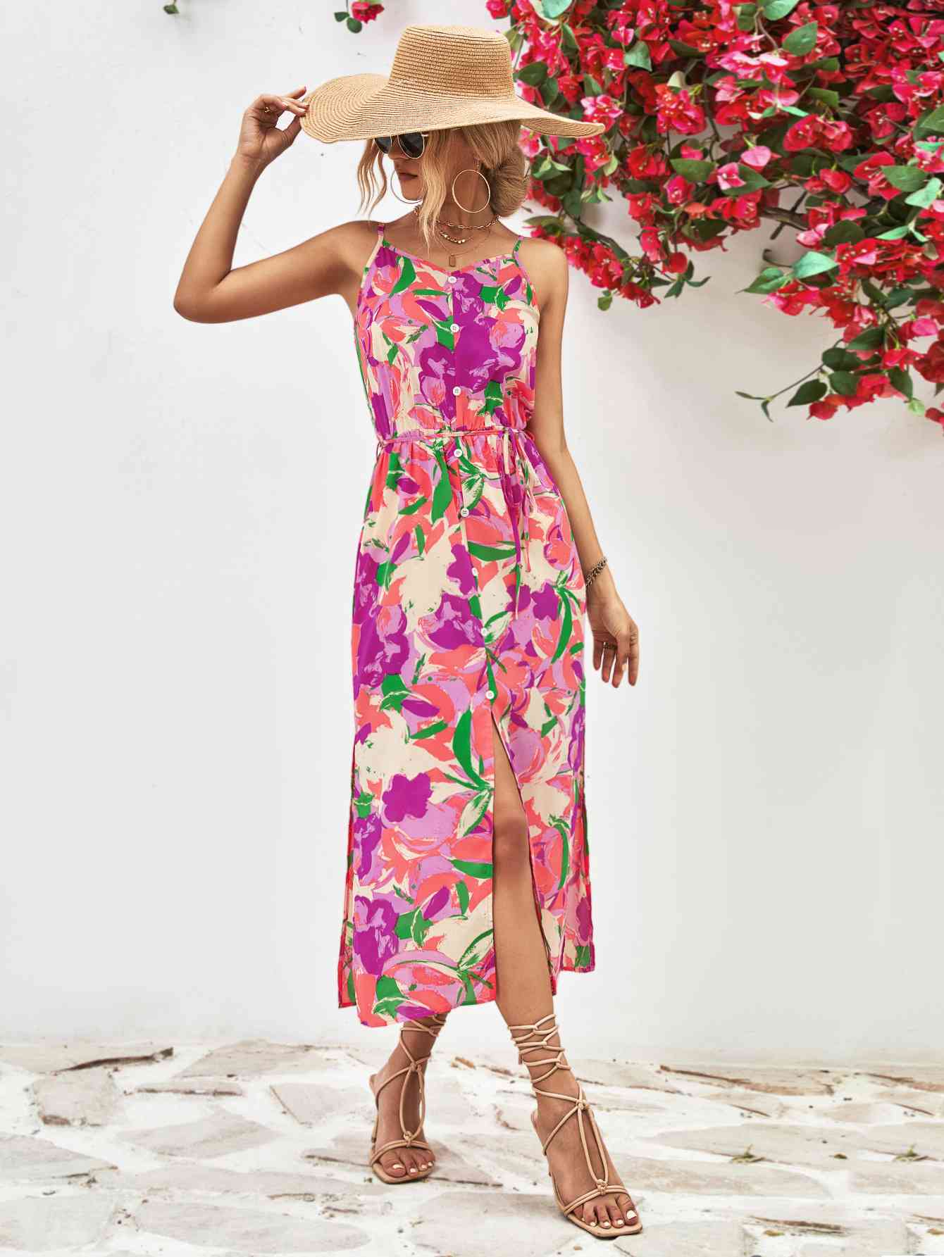 Tropical Spaghetti Strap Front Slit Dress