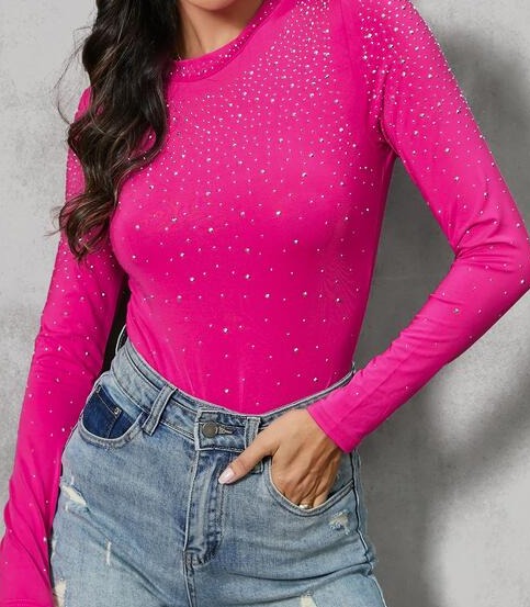 Rhinestone Embellished Long Sleeve Bodysuit
