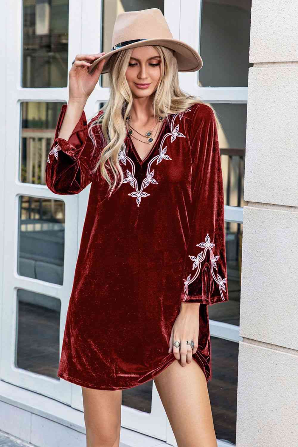 long sleeve v neck mini dress V-Neck Long Sleeve Mini Dress Wine / S