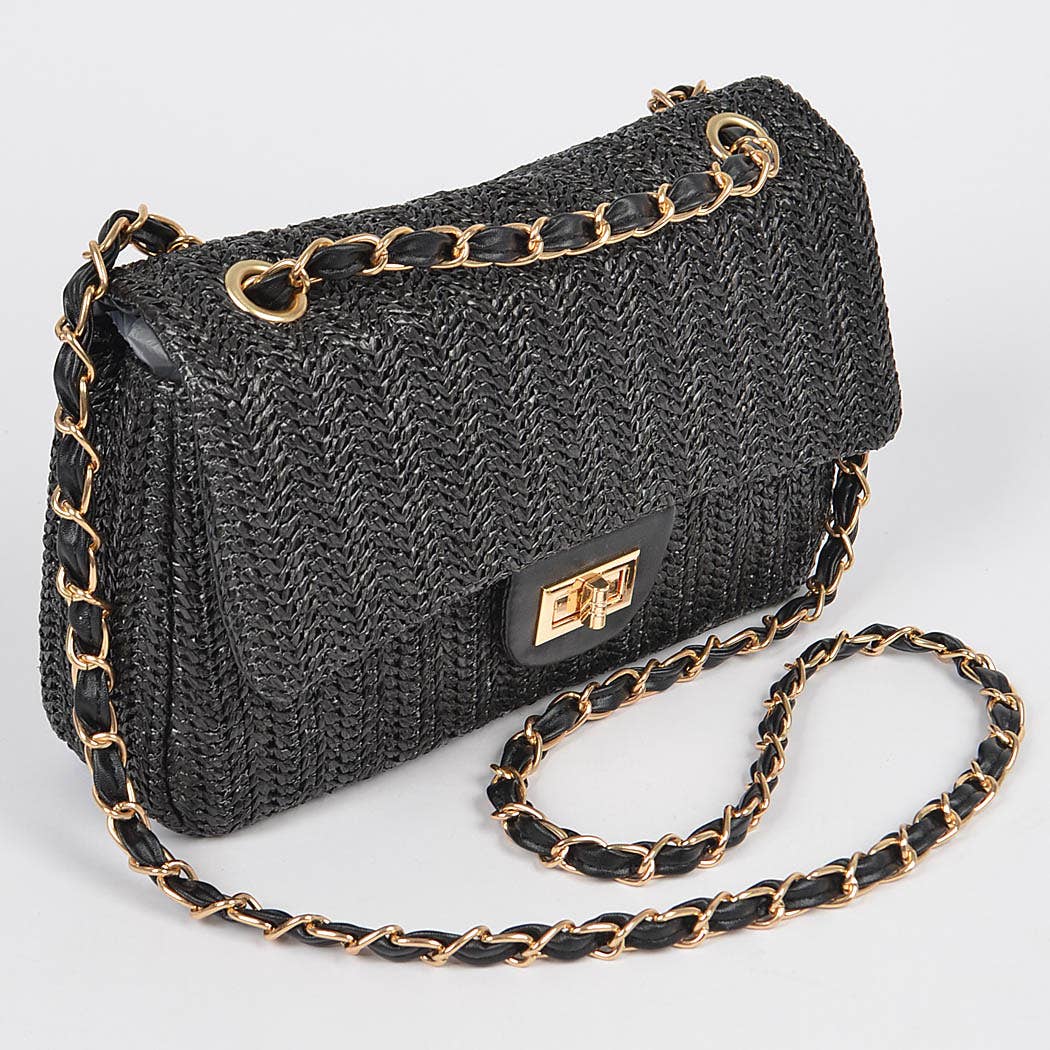 Faux Straw Shoulder Bag in Black