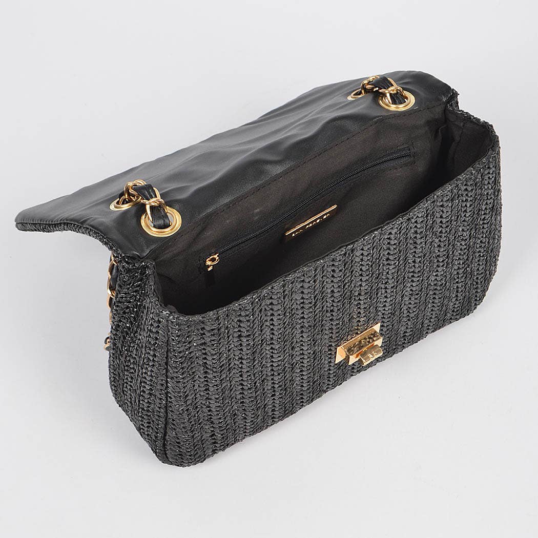 Faux Straw Shoulder Bag in Black