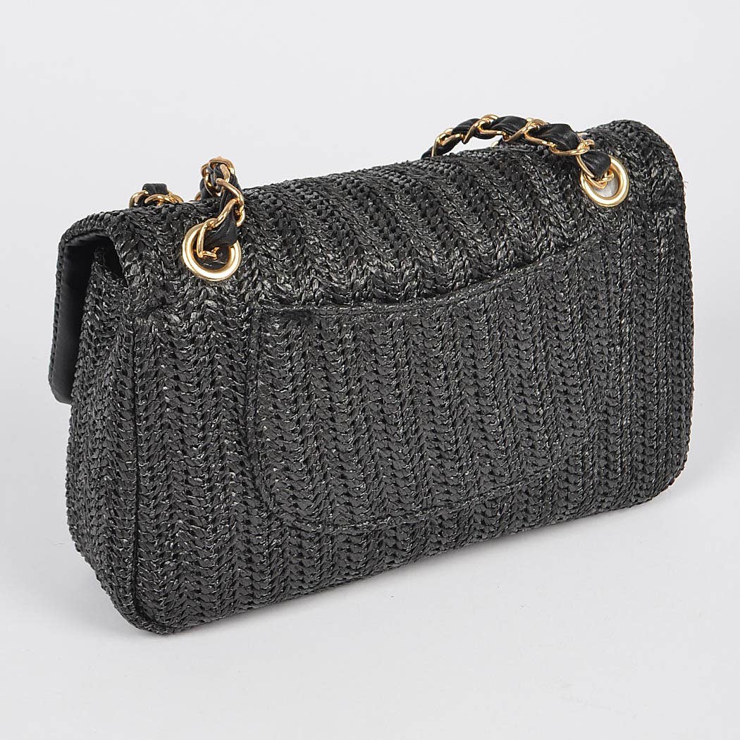 Faux Straw Shoulder Bag in Black