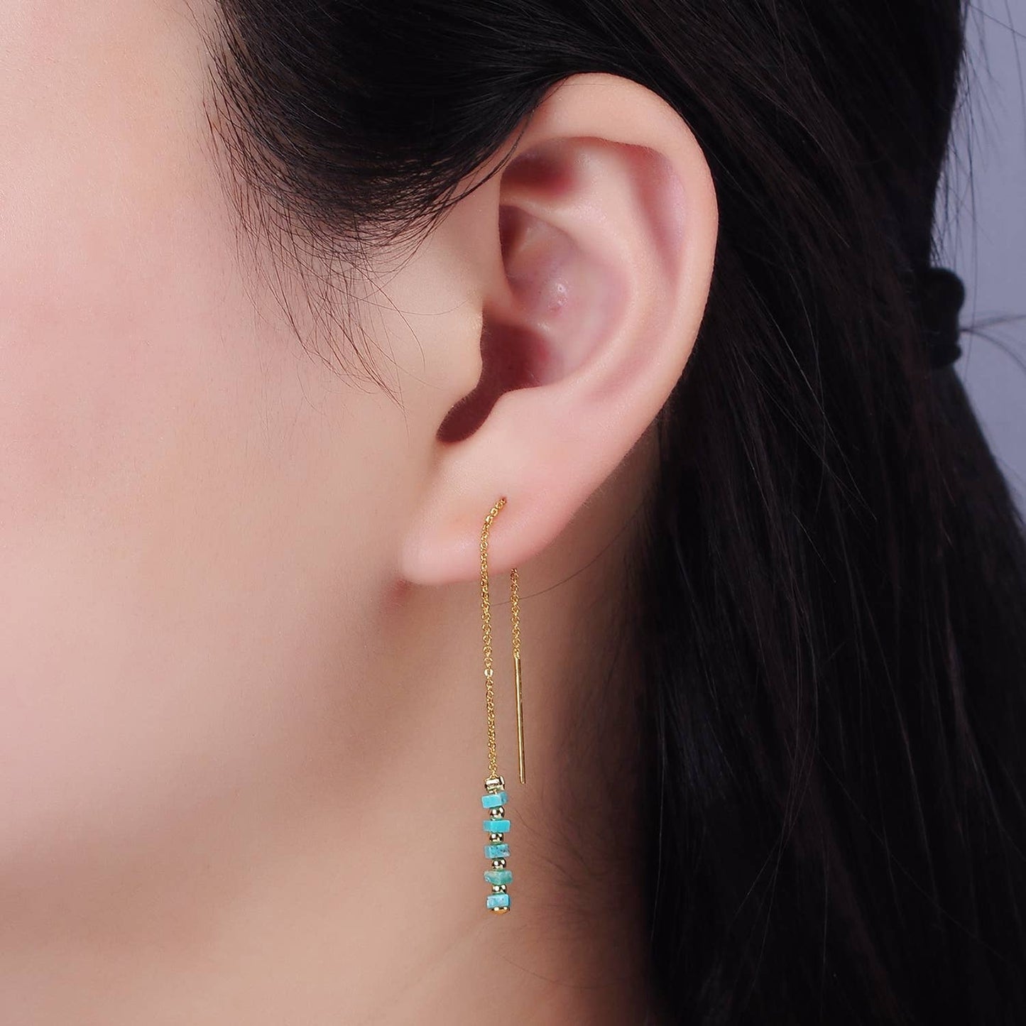 16K Gold Filled Turquoise Gemstone Chain Threader Earrings