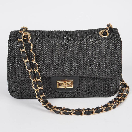 Faux Straw Shoulder Bag in Black