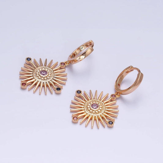 Celestial Sun Beam Multicolor Round CZ Drop Huggie Earrings